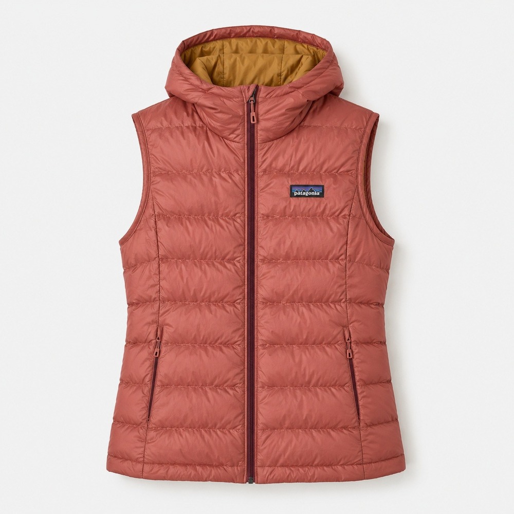 Patagonia Womens Down Hooded Puffer Vest Orange Rust Large Recycled Down